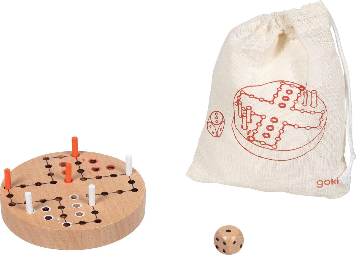 Ludo Reisespiel aus Holz im Baumwollbeutel, Ø 9 cm – Ansicht