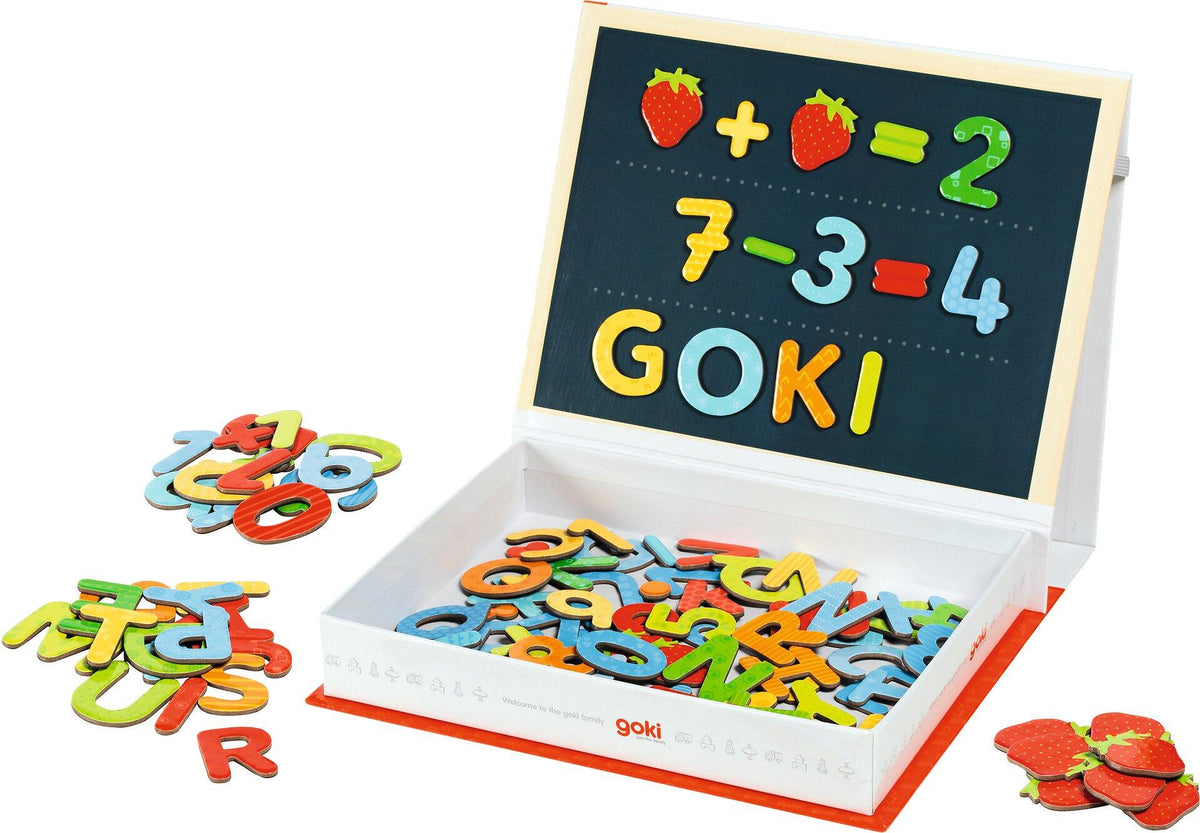 Magnetbox mit Buchstaben, Zahlen und Erdbeeren