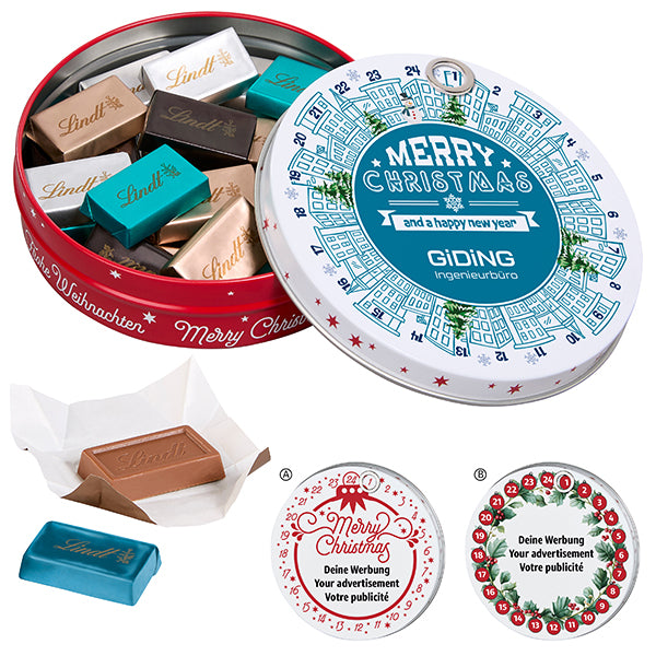 Magnetdose Adventskalender mit Lindt Naps und bedrucktem Deckel