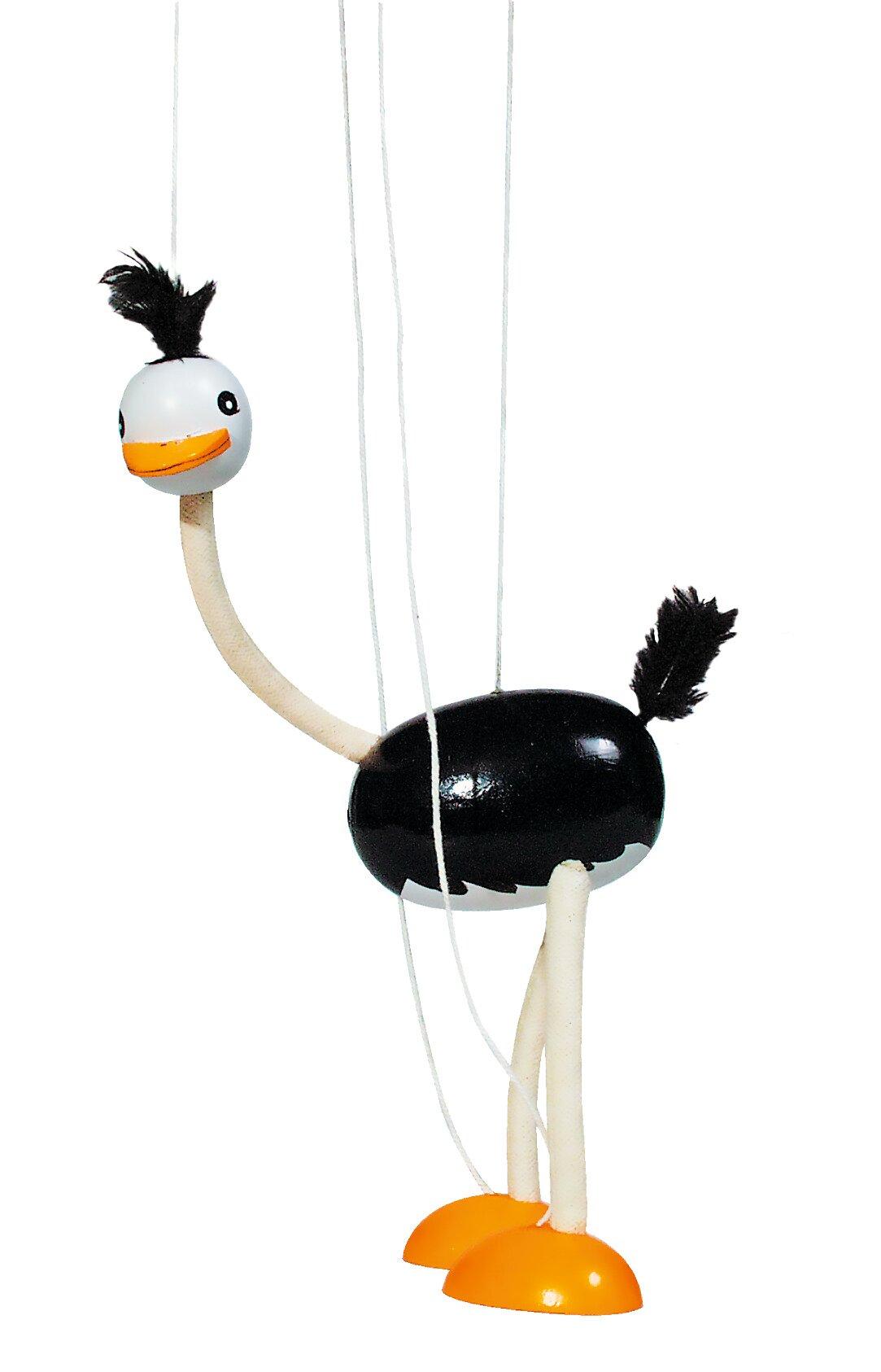 Marionette Strauß mit langem Hals und Federn aus Holz