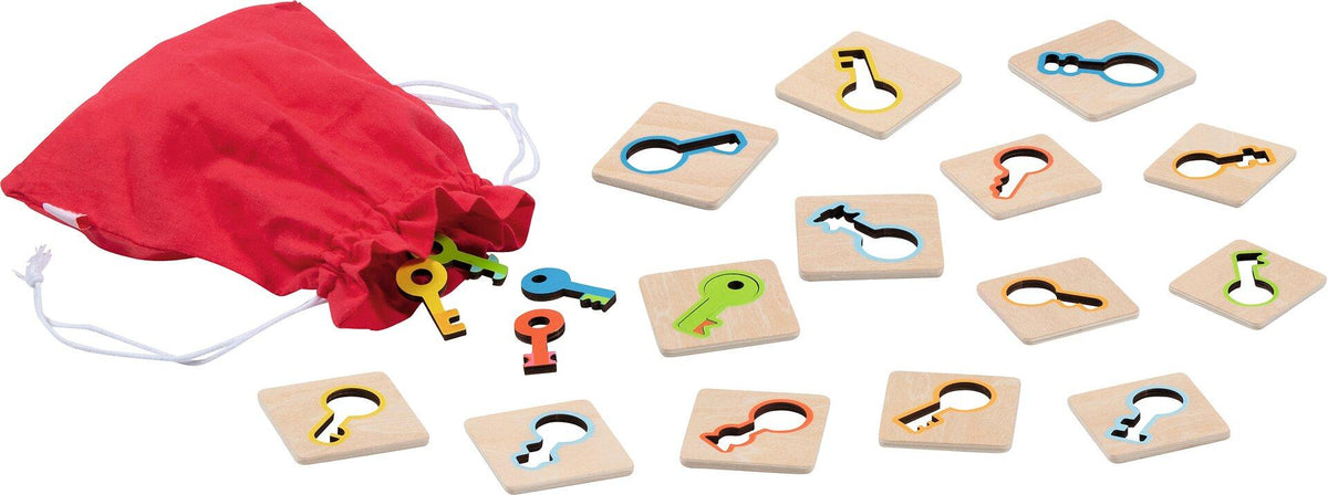 Memospiel Schlüsselsuche mit Holzschlüsseln und Beutel – Ansicht