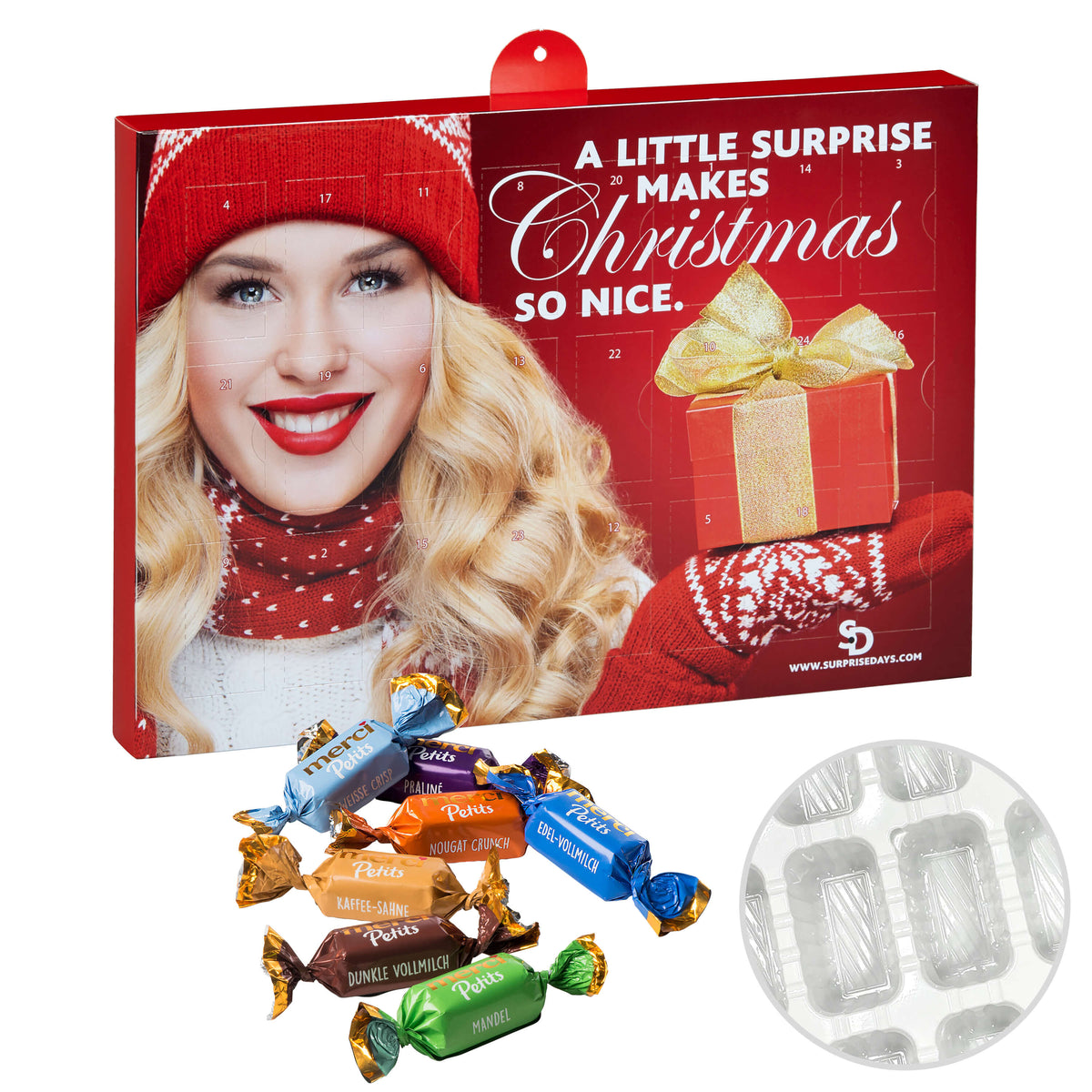 merci Adventskalender mit Tiefziehteil und eigenem Frontmotiv