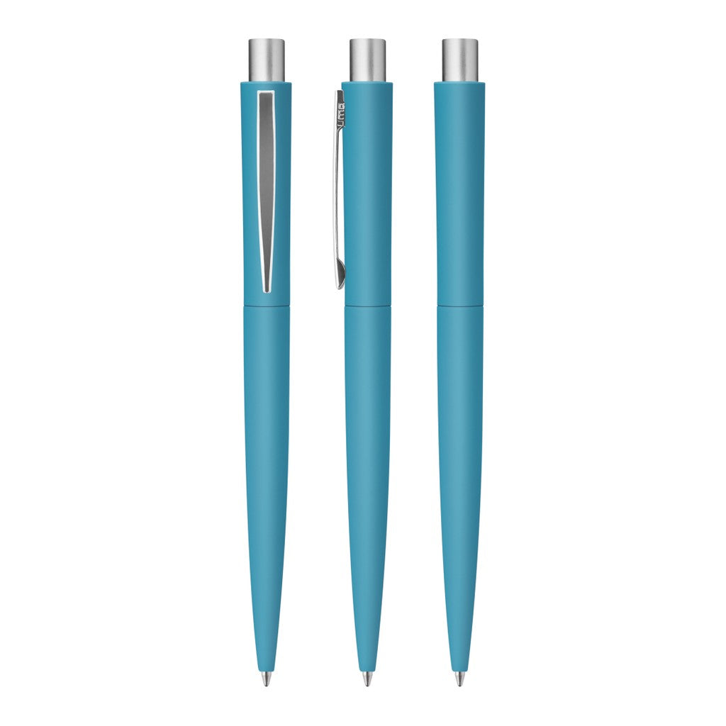 Metall Druckkugelschreiber Softtouch mit mattem Chromclip – Hellblau