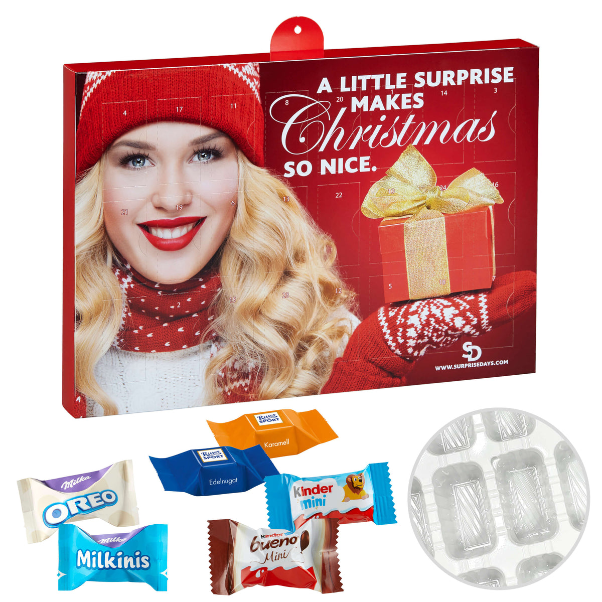 Milka Adventskalender quer mit Favourites Mix und bedruckter Werbefront