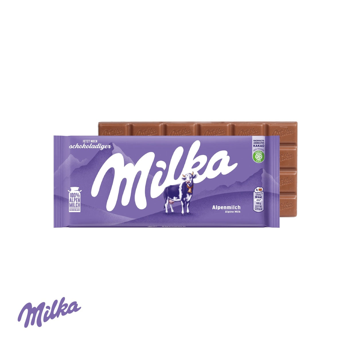 Werbeverpackung geöffnet mit Milka Tafel Alpenmilch als Füllung