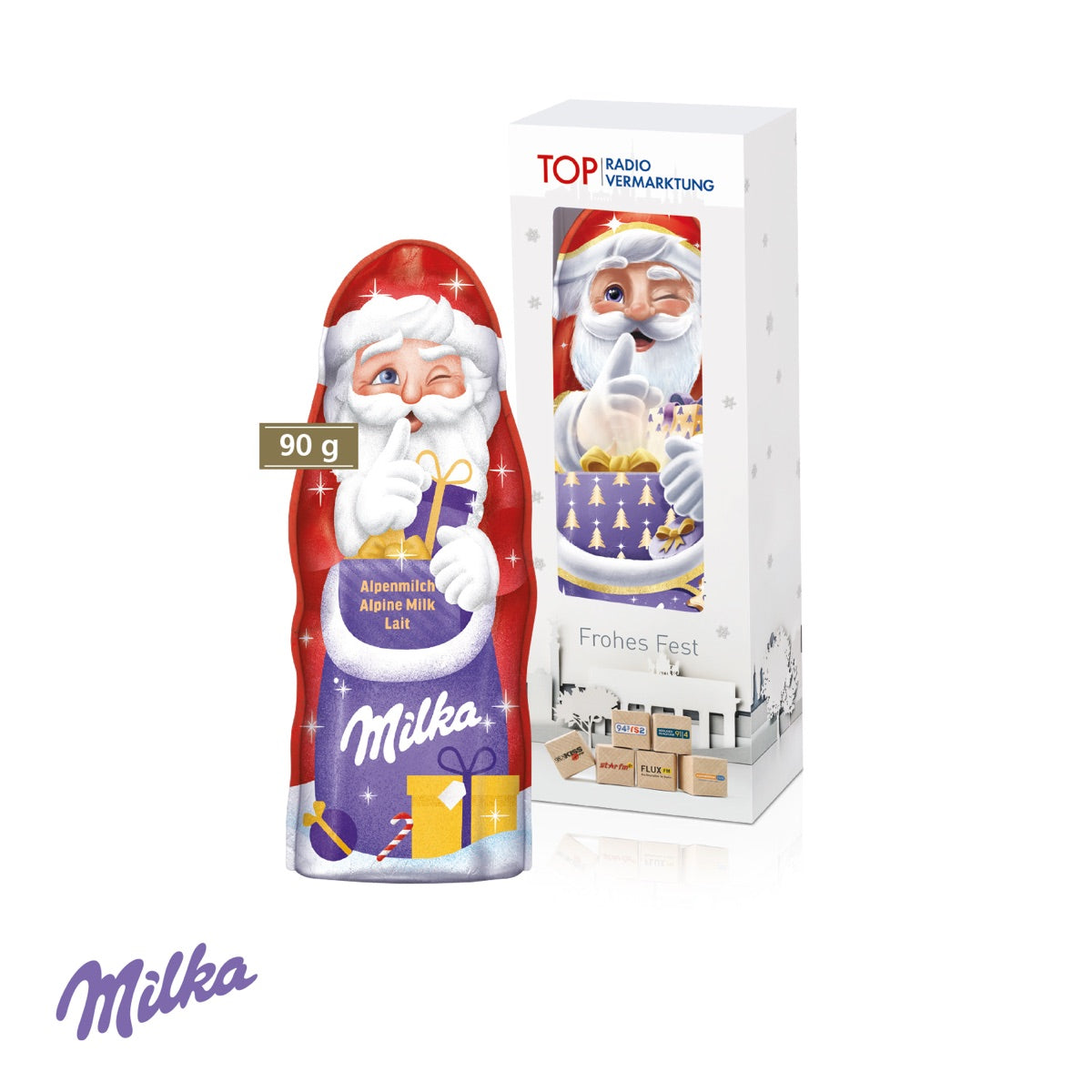 Große Werbekartonage mit individuellem Druck für einen Milka Weihnachtsmann