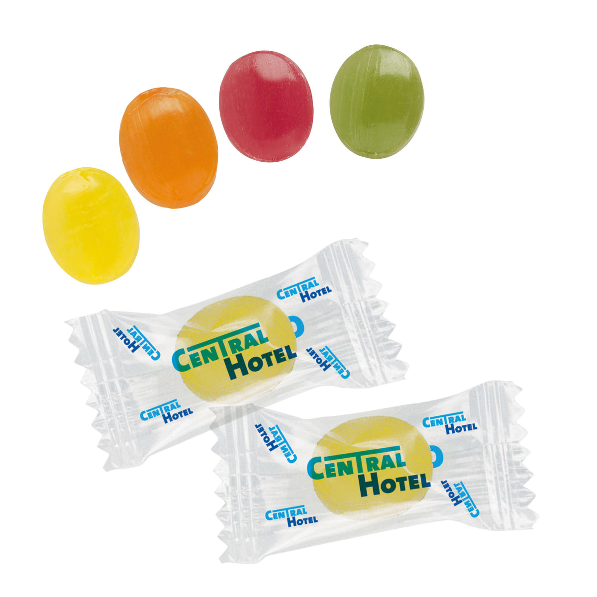 Mini Bonbons einzeln im bedruckten Flowpack, Vorderseite