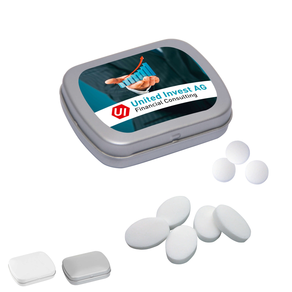 Mini Klappdose aus Metall mit Logo auf dem Scharnierdeckel