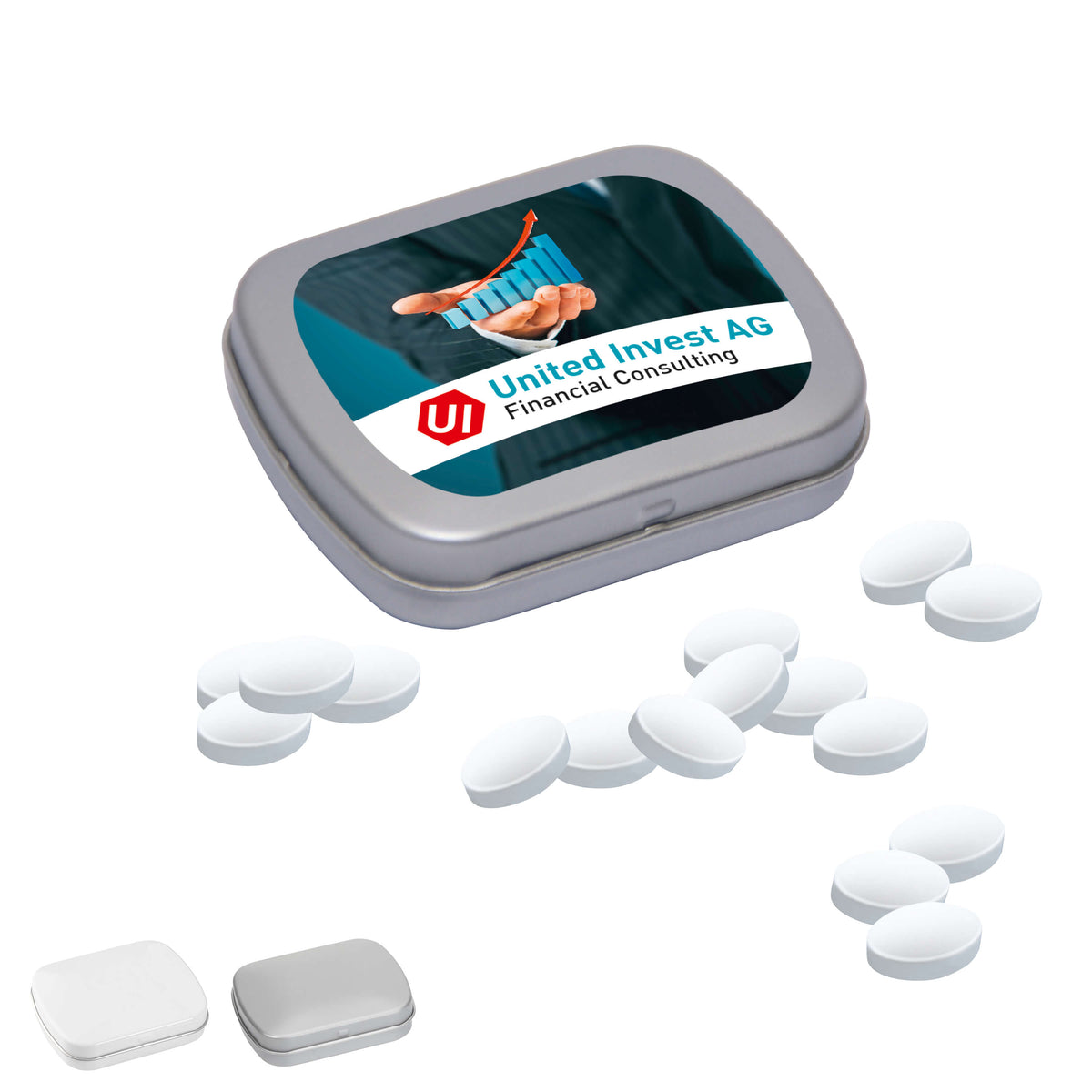 Mini Klappdose geöffnet mit Pastillen