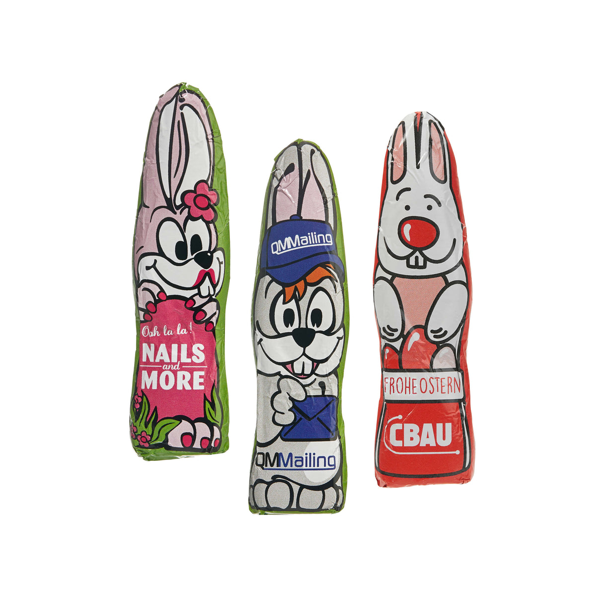 Mini Schoko Osterhase flach in bedruckter Alufolie, rund 6 g