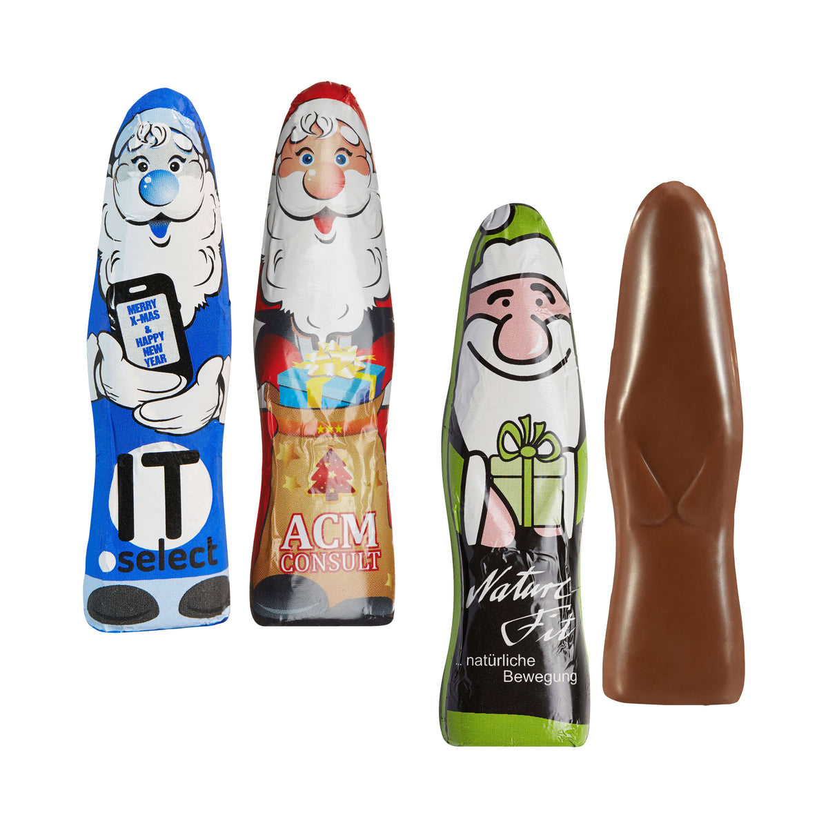 Mehrere flache Mini Schoko Weihnachtsmännchen nebeneinander