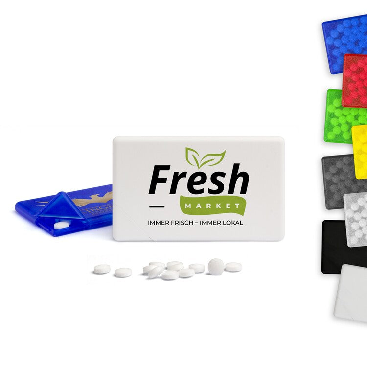 MintCard Kunststoffbox im Scheckkartenformat mit Pfefferminztabletten