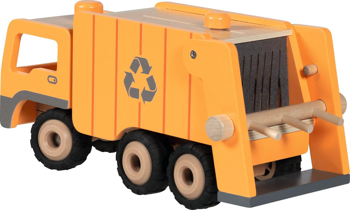 Müllwagen aus Holz in Orange mit zwei Mülltonnen – Seitenansicht