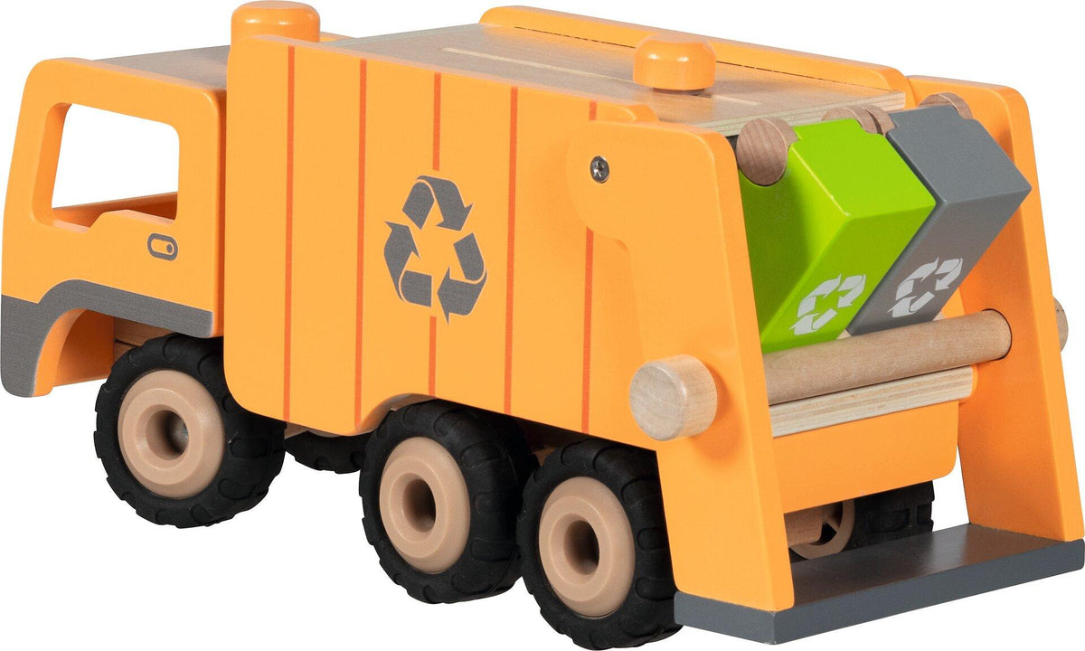 Müllwagen aus Holz in Orange mit zwei Mülltonnen – Zweite Ansicht