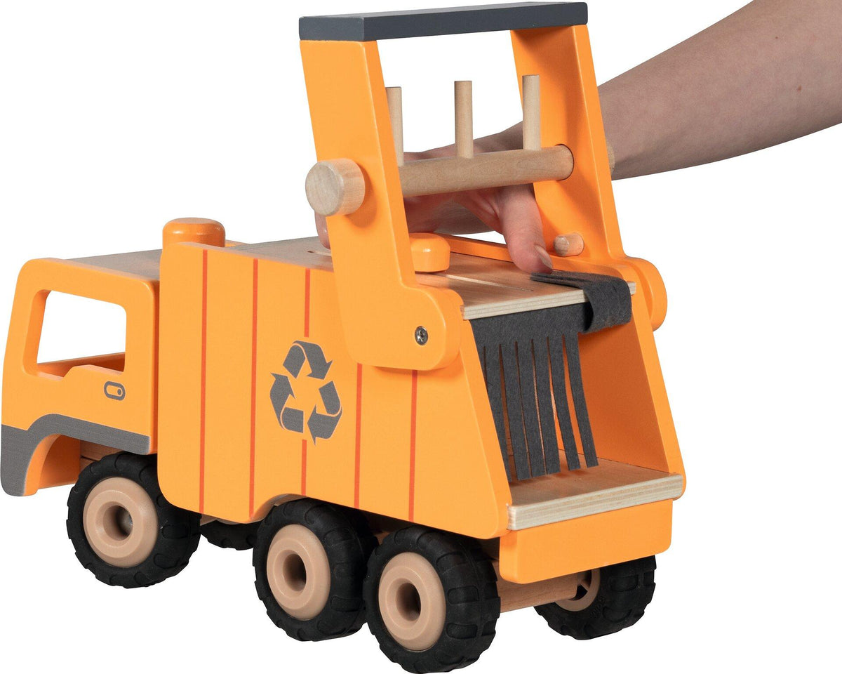 Müllwagen aus Holz in Orange mit zwei Mülltonnen – Vierte Ansicht