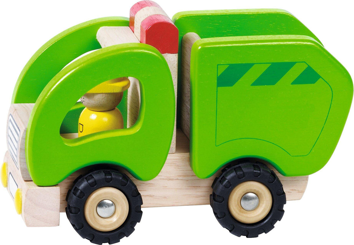 Müllwagen in Grün aus Holz mit Fahrerfigur – Ansicht