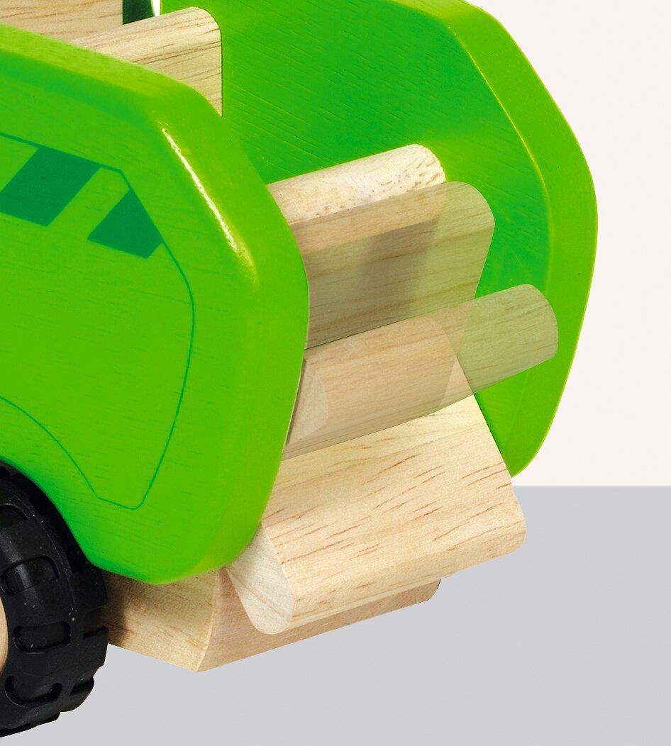 Müllwagen in Grün aus Holz mit Fahrerfigur – Detail