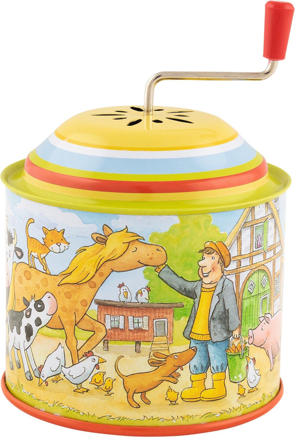 Musikspieldose Bauernhof mit Tieren und Bauer aus Blech – Ansicht