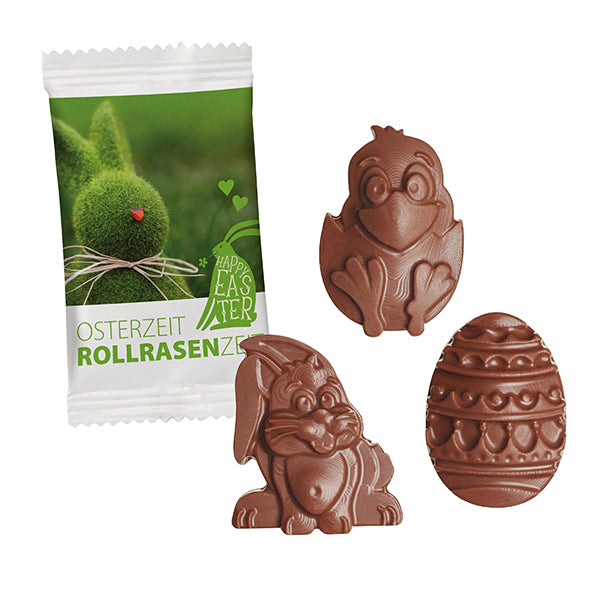 Oster Schokofiguren im hohen Werbetütchen 100 x 57 mm mit Logo