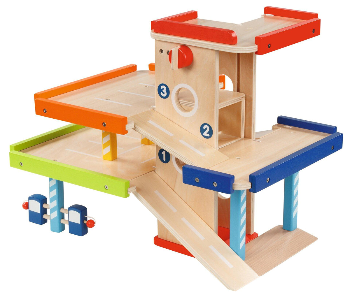 Parkhaus aus Holz mit Rampen und bunten Ebenen von goki – Ansicht