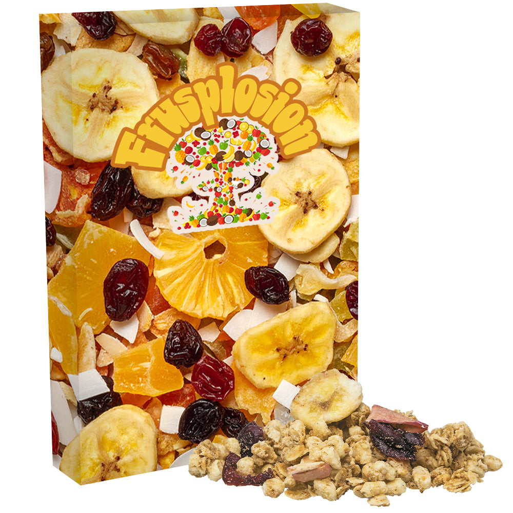 Popcorn und Müsli Mix in der Faltschachtel – Müsli Knusper Früchte, ca. 60 g