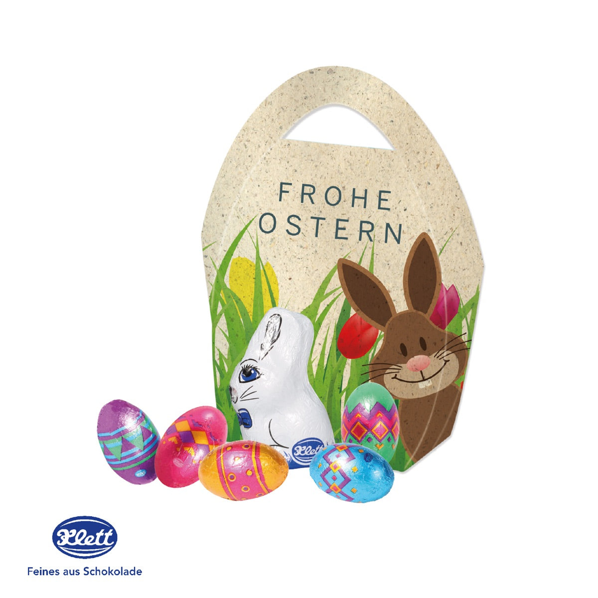 Werbeverpackung in Form eines großen Ostereis mit bedruckter Schauseite