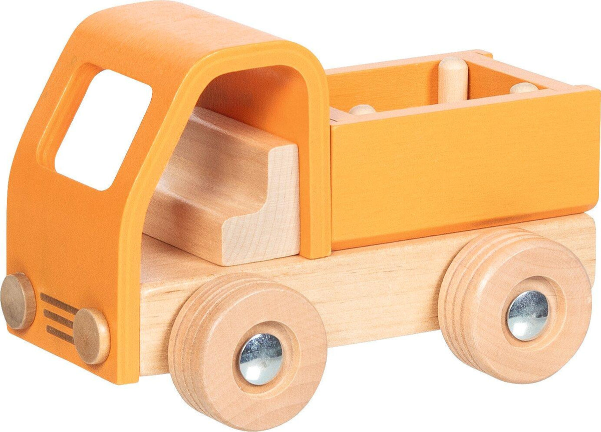 Pritschenwagen aus Holz in Orange mit Holzrädern