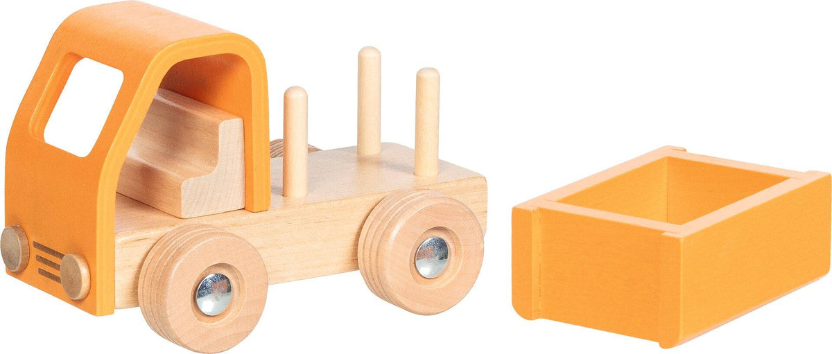 Pritschenwagen aus Holz in Orange mit Holzrädern – weitere Ansicht