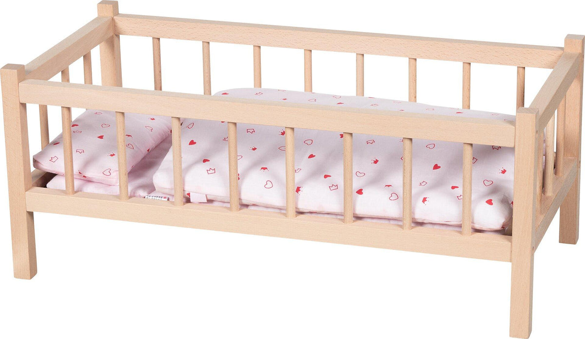 Puppenbett aus hellem Holz mit Stäben, 60 cm lang – weitere Ansicht