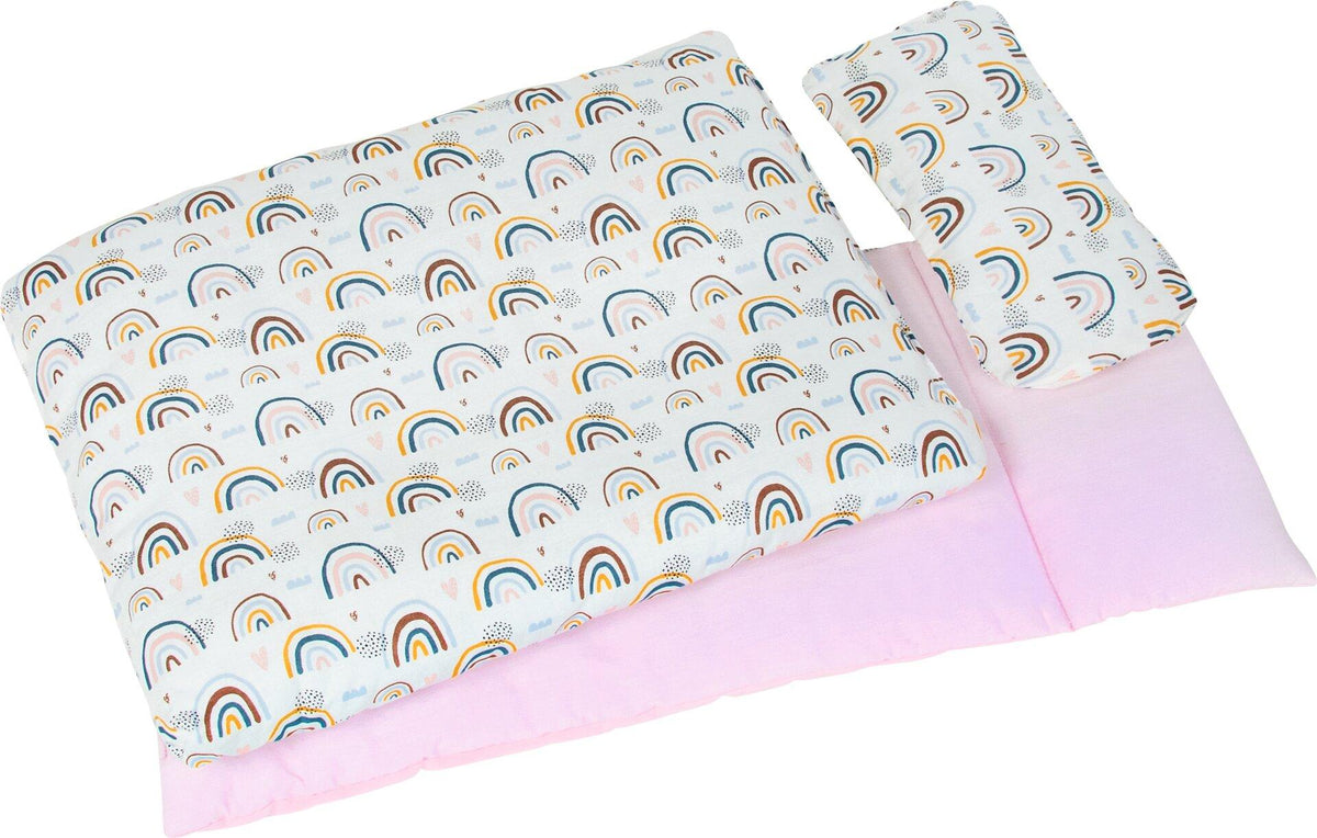 Puppenbettzeug Regenbogen mit rosa Unterbett