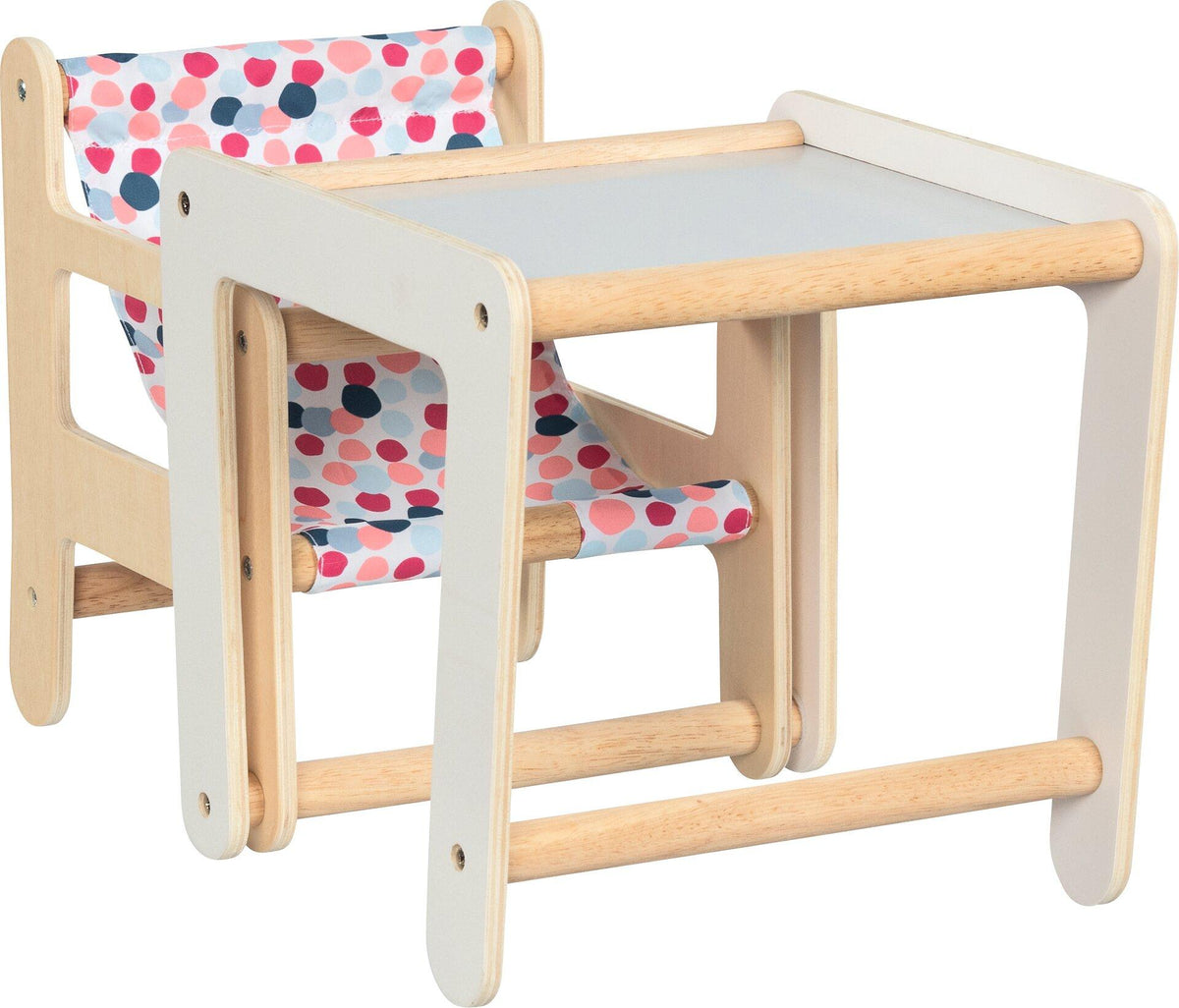 Puppenhochstuhl mit Tisch 2in1 aus Holz und Textil – weitere Ansicht