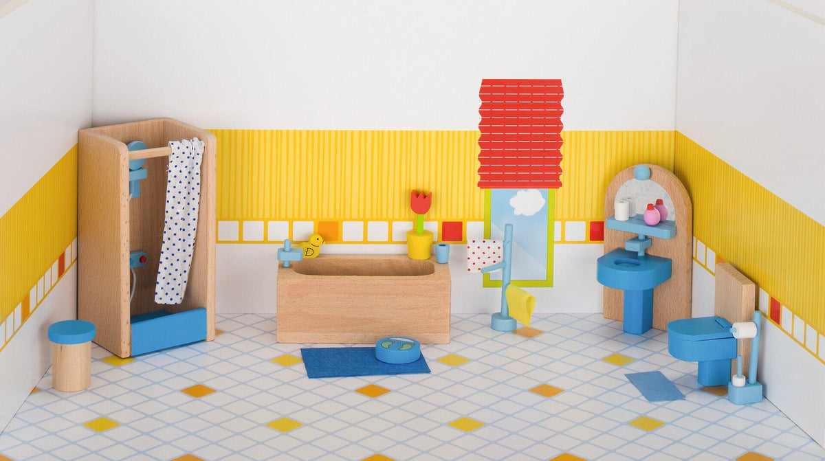 Puppenmöbel Badezimmer in Blau mit Duschkabine und Holzwanne