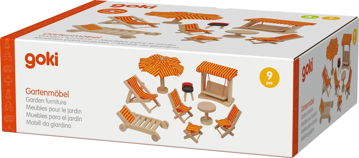 Puppenmöbel Garten mit Hollywoodschaukel und Sonnenschirm – Verpackung