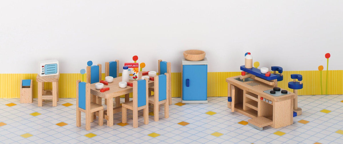 Puppenmöbel Küche mit Tresen, Barhockern und Esstisch – Ansicht