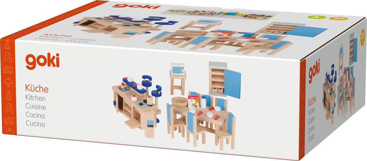 Puppenmöbel Küche mit Tresen, Barhockern und Esstisch – Verpackung