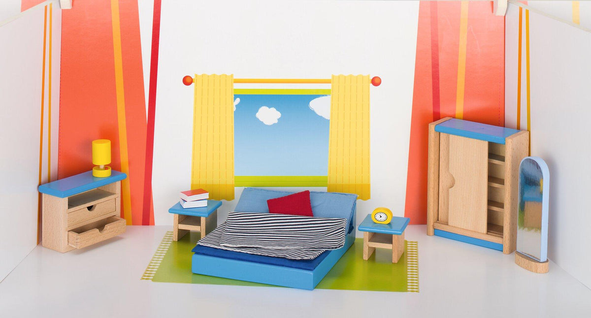 Puppenmöbel Schlafzimmer in Blau mit Kommode und Kleiderschrank