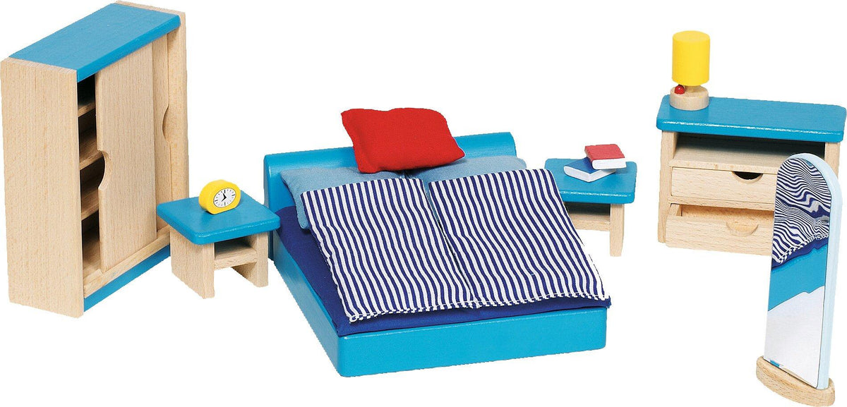 Puppenmöbel Schlafzimmer in Blau mit Kommode und Kleiderschrank – weitere Ansicht