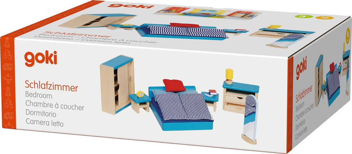 Puppenmöbel Schlafzimmer in Blau mit Kommode und Kleiderschrank – Verpackung