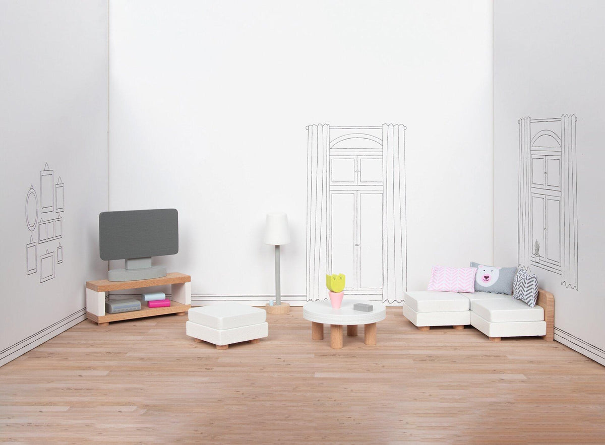 Puppenmöbel Style Wohnzimmer mit Ecksofa und Fernseher – Ansicht