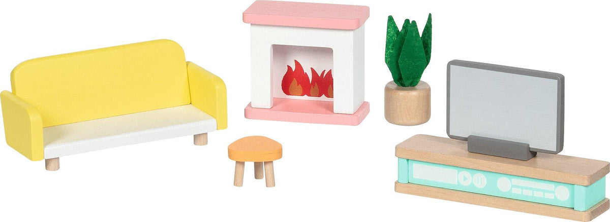 Puppenmöbelserie Copenhagen Wohnzimmer mit gelbem Sofa – Ansicht