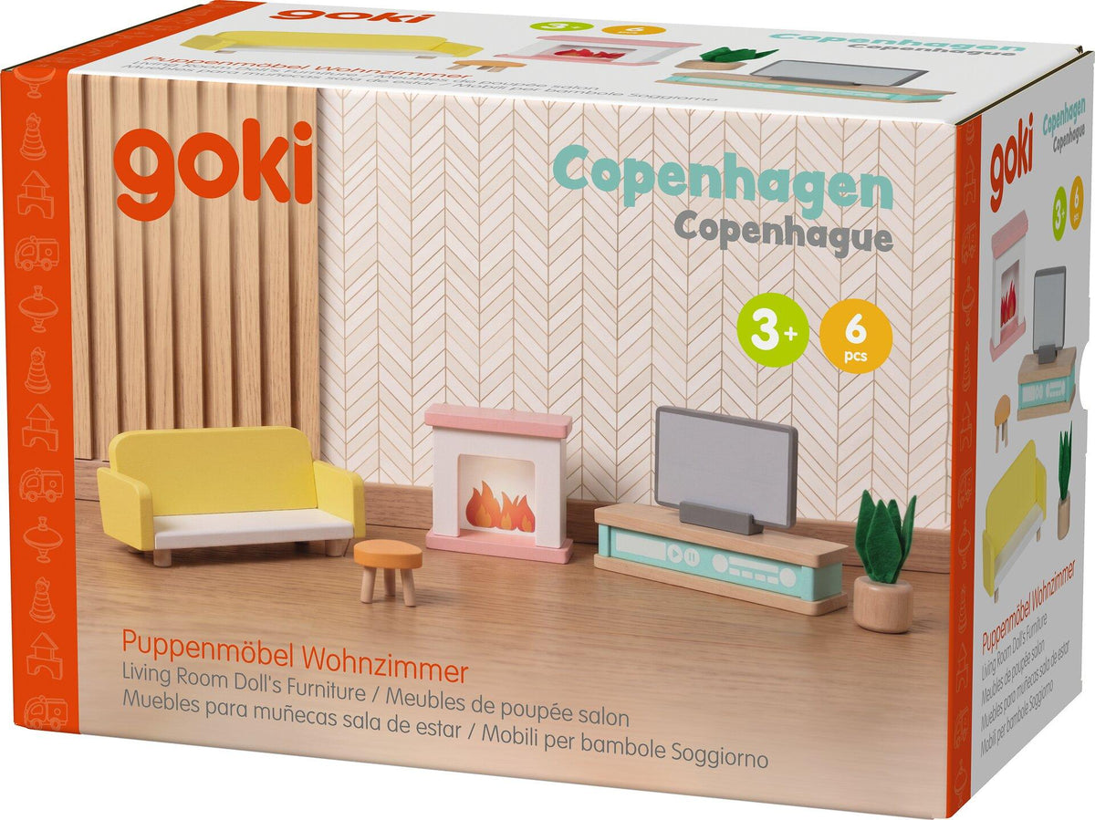 Puppenmöbelserie Copenhagen Wohnzimmer mit gelbem Sofa – Verpackung