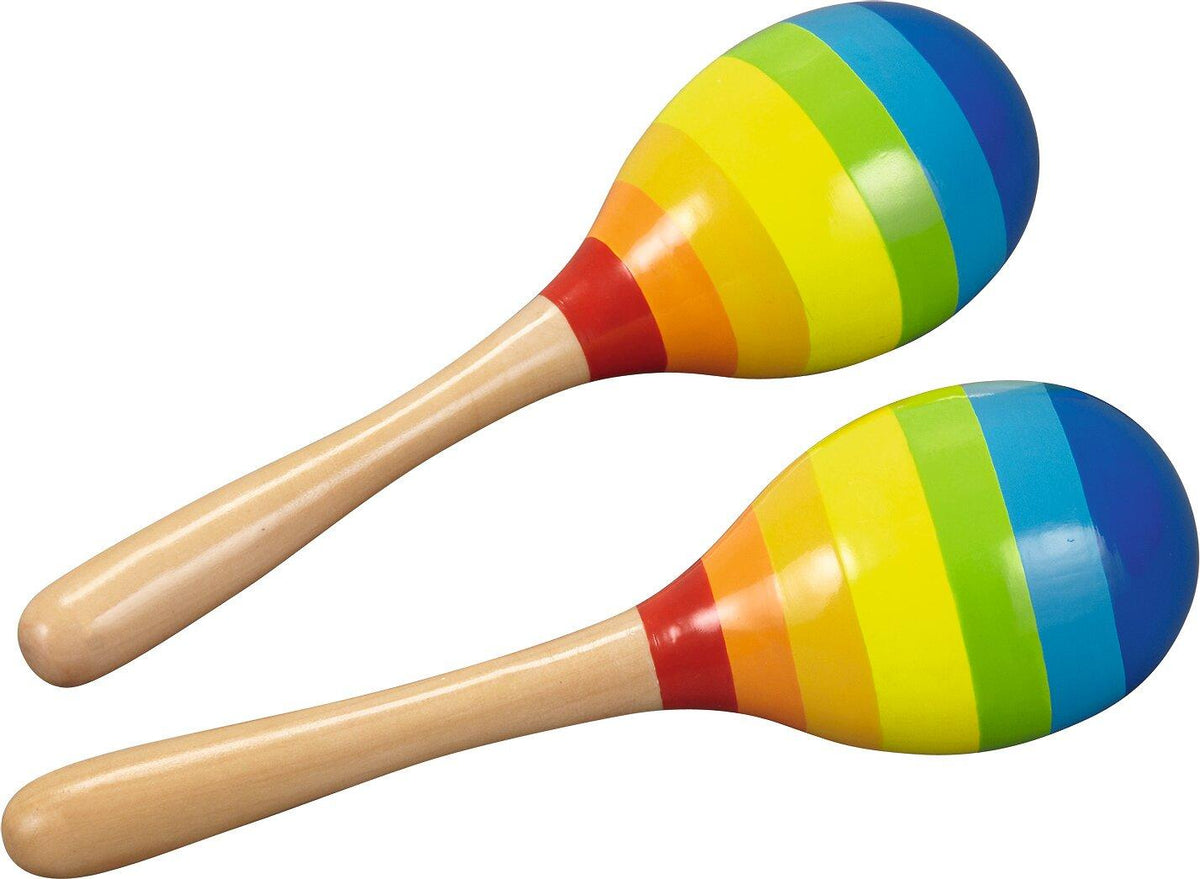 Regenbogen Maracas aus Holz mit bunten Streifen – Ansicht