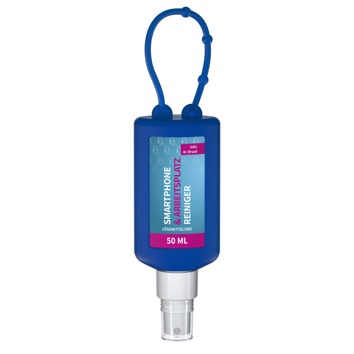 Reinigungsspray Smartphone 50 ml Anhängeflasche mit Silikonhülle – Blau
