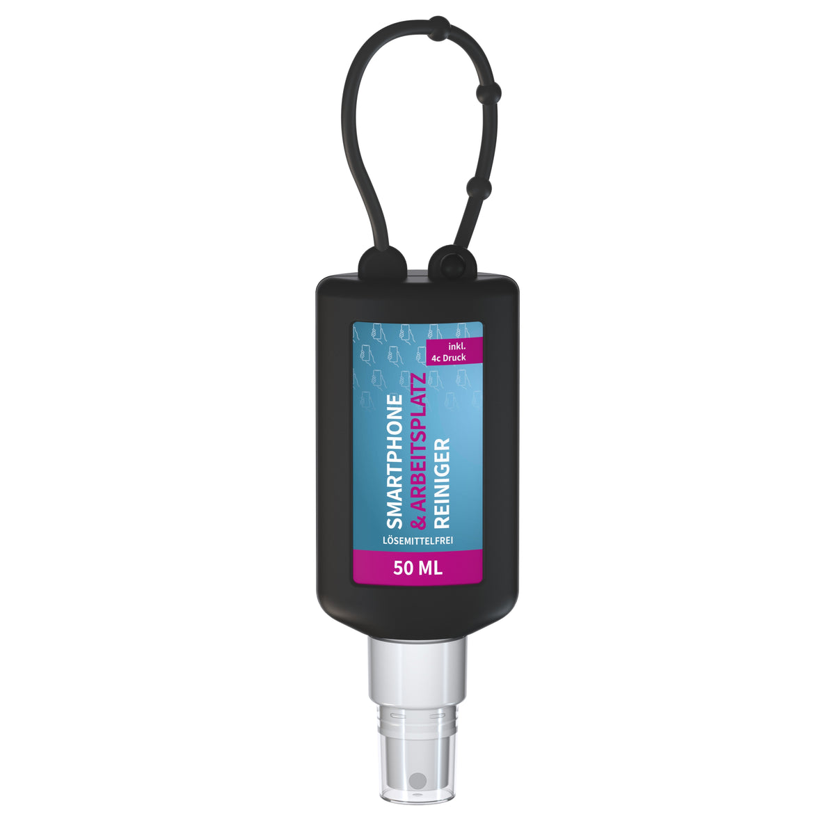 Reinigungsspray Smartphone 50 ml Anhängeflasche mit Silikonhülle – Schwarz