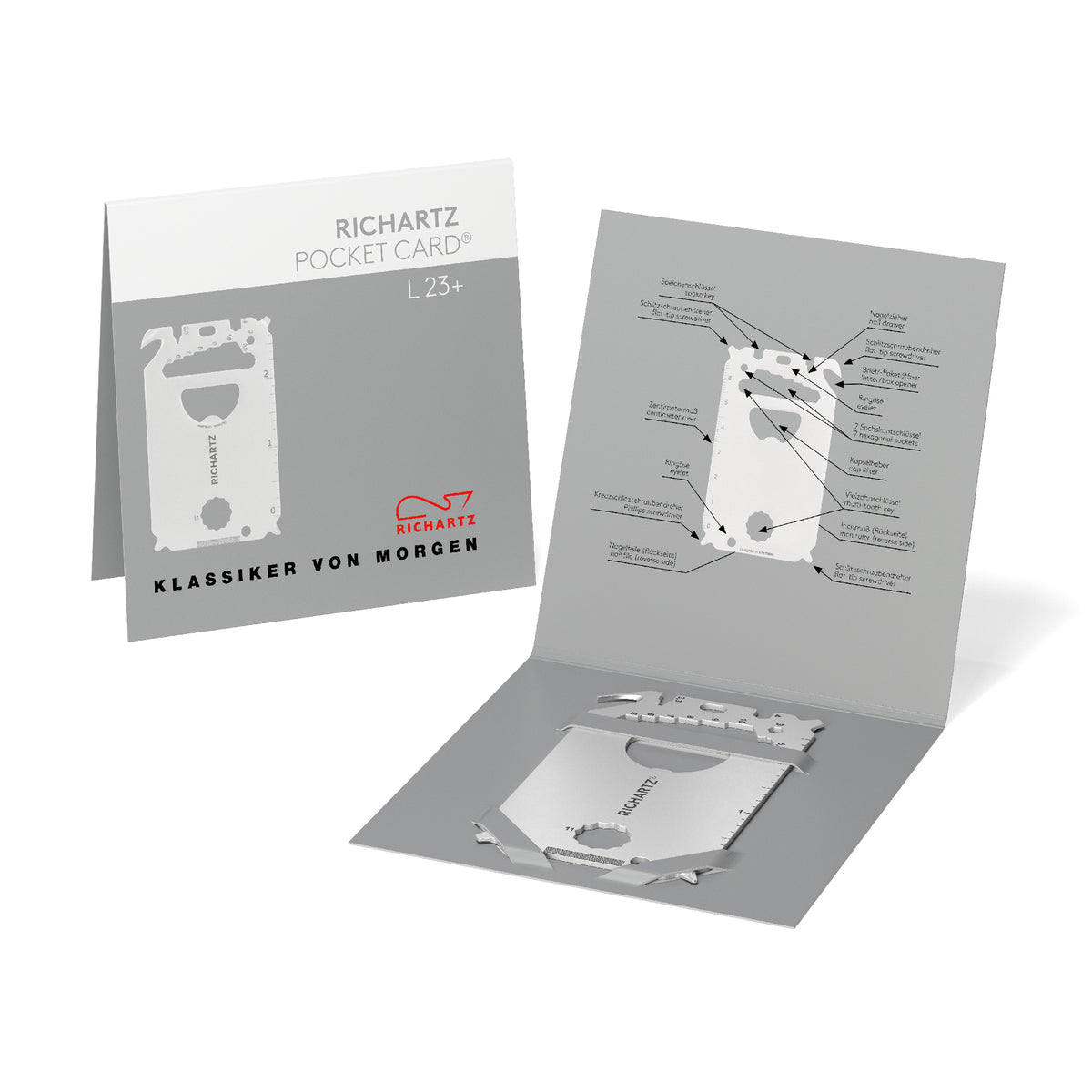 RICHARTZ POCKET CARD L23+ Multitool Karte aus Edelstahl – Verpackung