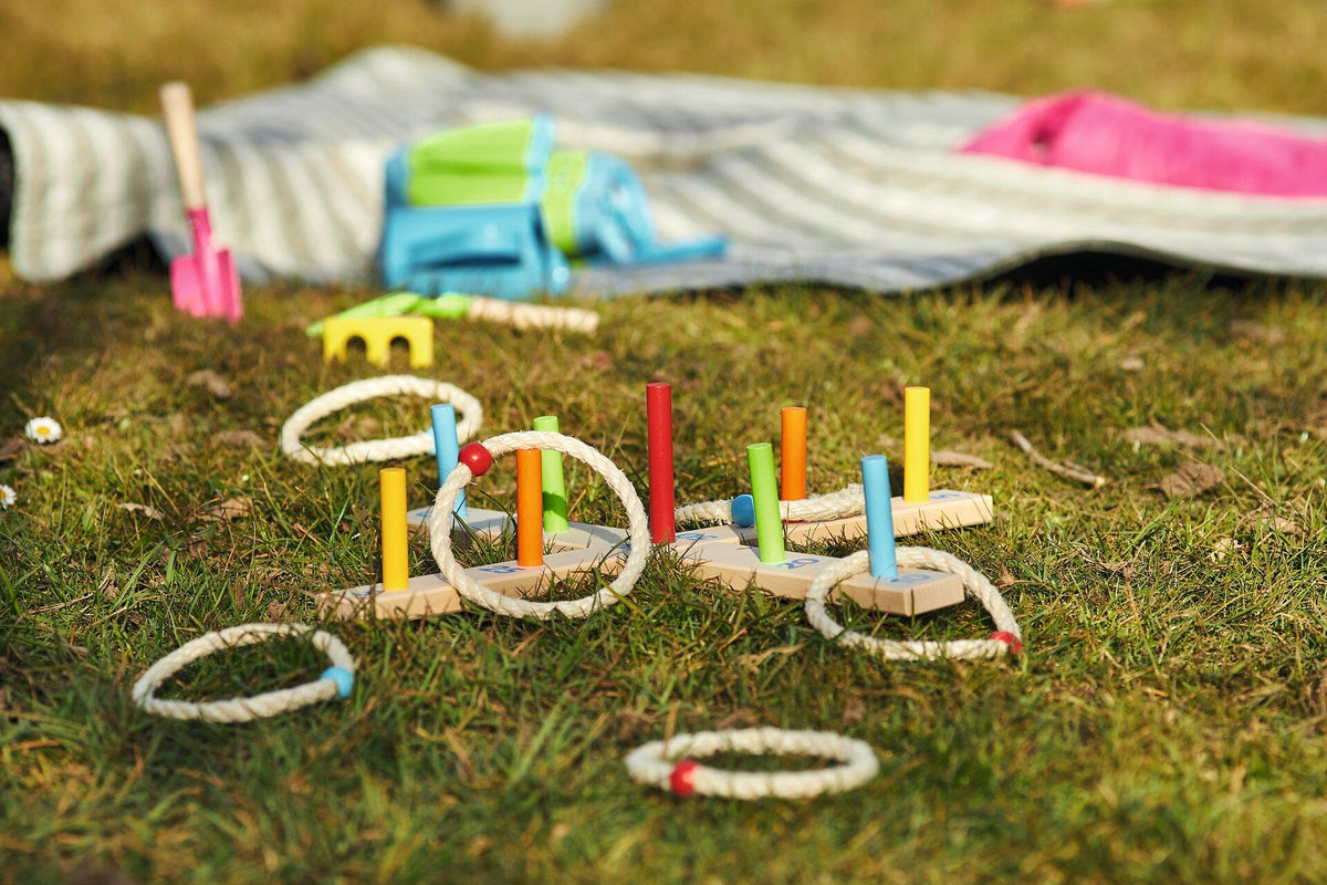 Ringwurfspiel mit 6 Sisalringen auf Holzleisten – Detail