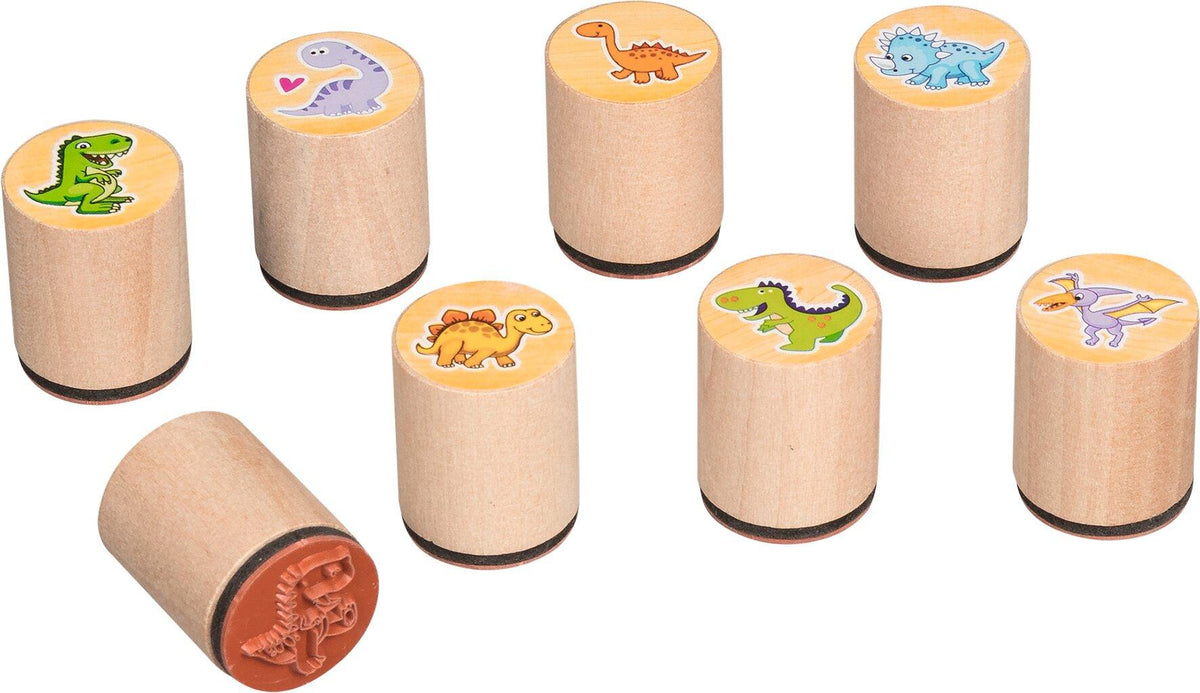 Saurierstempel aus Holz mit Triceratops und Stegosaurus