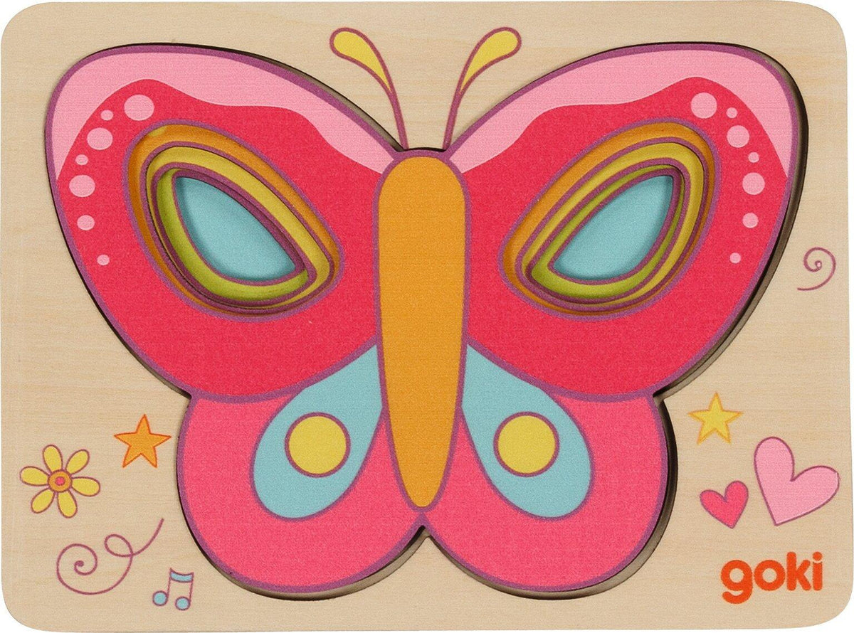 Schichtenpuzzle Schmetterling mit rosa Flügeln aus Holz