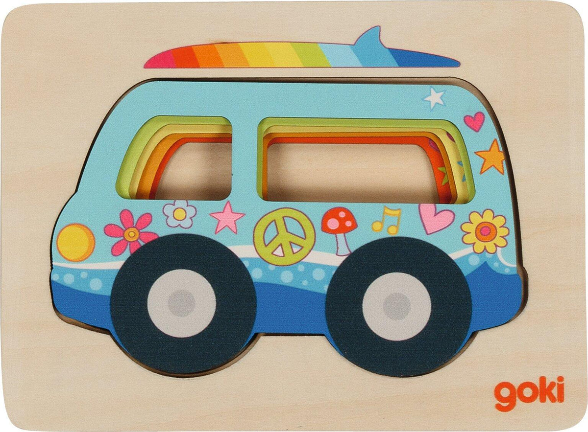 Schichtenpuzzle Van mit Surfbrett und Peace Zeichen aus Holz – Ansicht