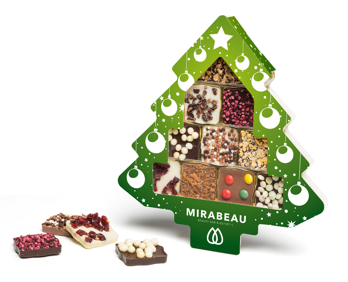Schokini Weihnachtsbaum Display mit elf Schokoladentäfelchen, individuell bedruckt
